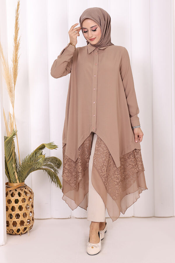 Dantel Ve Şifon Detaylı Asimetrik Kesim Tunik 2758 Vizon - 6