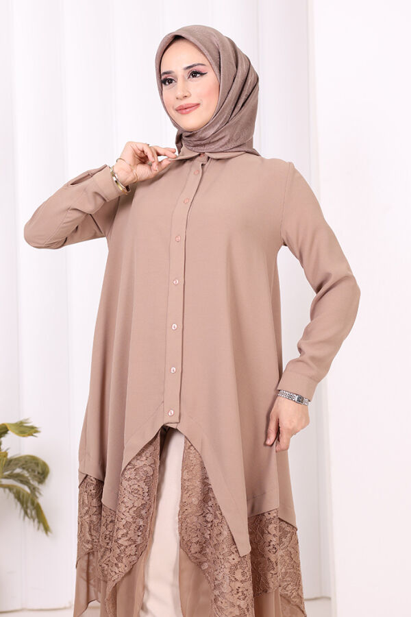 Dantel Ve Şifon Detaylı Asimetrik Kesim Tunik 2758 Vizon - 9