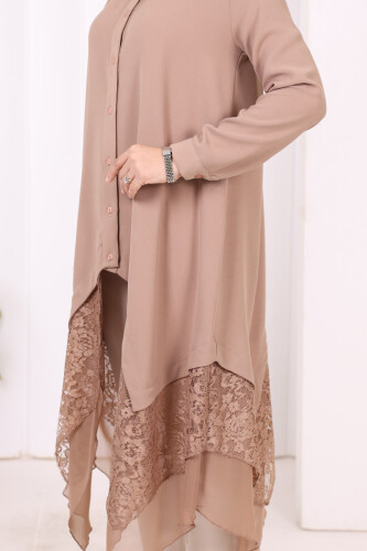 Dantel Ve Şifon Detaylı Asimetrik Kesim Tunik 2758 Vizon - 10