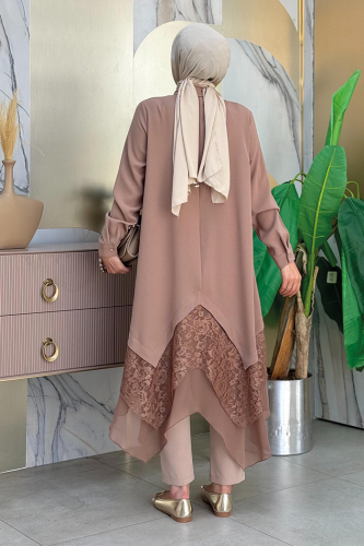 Dantel Ve Şifon Detaylı Asimetrik Kesim Tunik 2758 Vizon - Bym Fashion (1)