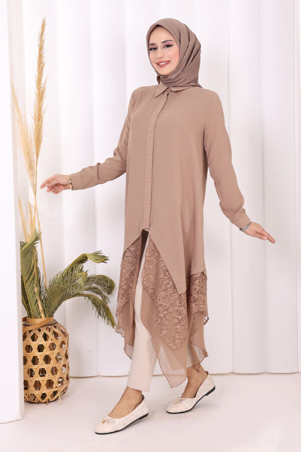 Dantel Ve Şifon Detaylı Asimetrik Kesim Tunik 2758 Vizon - 7