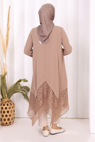 Dantel Ve Şifon Detaylı Asimetrik Kesim Tunik 2758 Vizon - 8