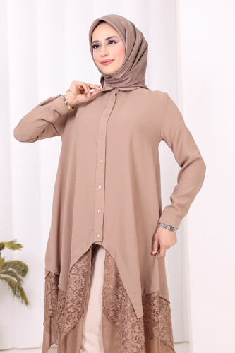 Dantel Ve Şifon Detaylı Asimetrik Kesim Tunik 2758 Vizon - 9