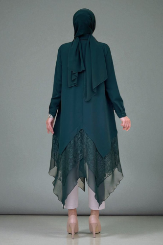 Dantel Ve Şifon Detaylı Asimetrik Kesim Tunik 2758 Zümrüt - Bym Fashion (1)