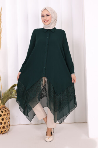 Dantel Ve Şifon Detaylı Asimetrik Kesim Tunik 2758 Zümrüt - 5