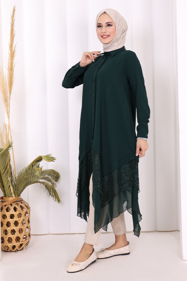 Dantel Ve Şifon Detaylı Asimetrik Kesim Tunik 2758 Zümrüt - 6