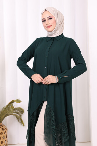 Dantel Ve Şifon Detaylı Asimetrik Kesim Tunik 2758 Zümrüt - 8