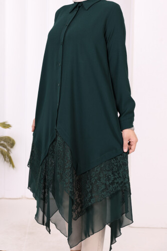 Dantel Ve Şifon Detaylı Asimetrik Kesim Tunik 2758 Zümrüt - 9