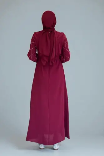 Taş İşlemeli Kuşaklı Elbise 3830 Bordo - Bym Fashion (1)
