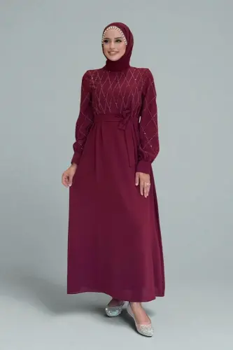 Taş İşlemeli Kuşaklı Elbise 3830 Bordo - 1
