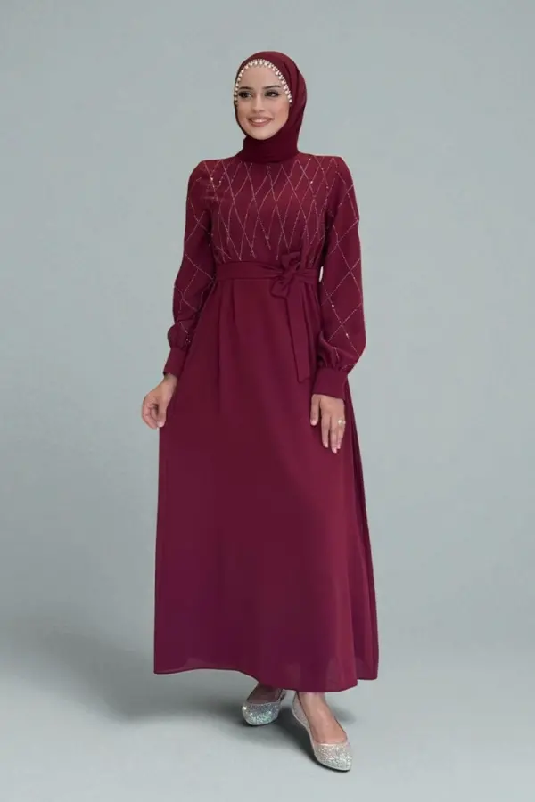 Taş İşlemeli Kuşaklı Elbise 3830 Bordo - 1