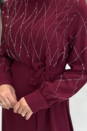 Taş İşlemeli Kuşaklı Elbise 3830 Bordo - 3