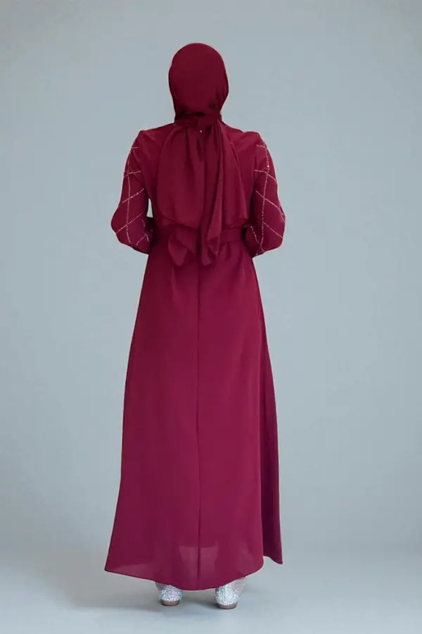 Taş İşlemeli Kuşaklı Elbise 3830 Bordo - 2