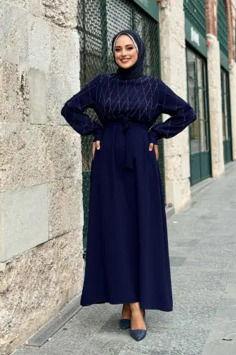 Taş İşlemeli Kuşaklı Elbise 3830 Lacivert - 1