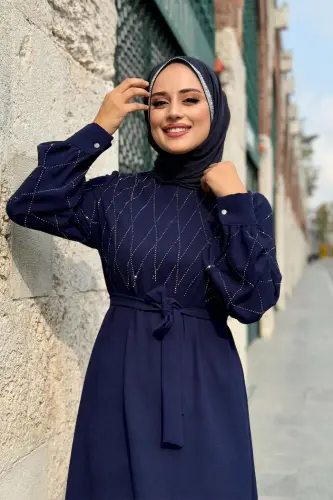 Taş İşlemeli Kuşaklı Elbise 3830 Lacivert - 3