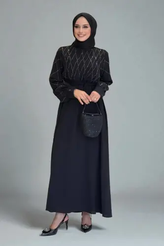 Taş İşlemeli Kuşaklı Elbise 3830 Siyah - Bym Fashion (1)