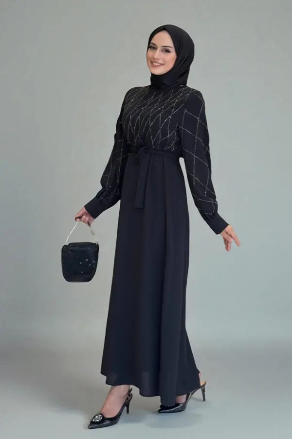 Taş İşlemeli Kuşaklı Elbise 3830 Siyah - 1