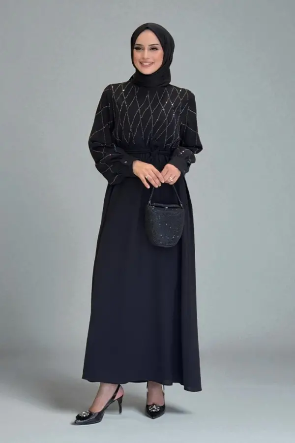 Taş İşlemeli Kuşaklı Elbise 3830 Siyah - 2