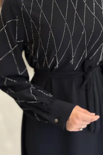 Taş İşlemeli Kuşaklı Elbise 3830 Siyah - 3