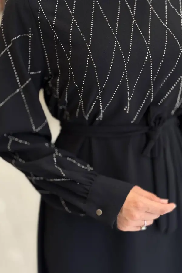 Taş İşlemeli Kuşaklı Elbise 3830 Siyah - 3