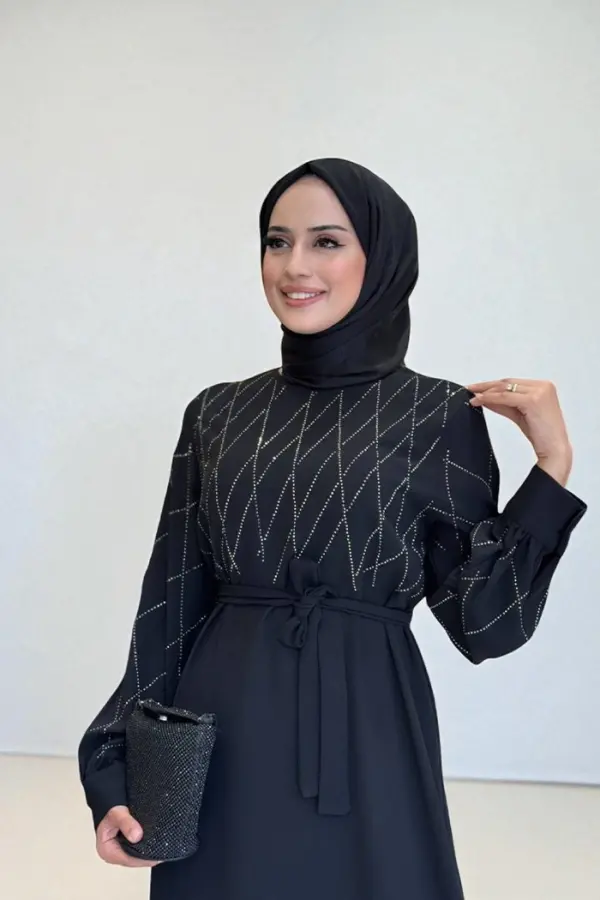 Taş İşlemeli Kuşaklı Elbise 3830 Siyah - 4