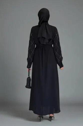 Taş İşlemeli Kuşaklı Elbise 3830 Siyah - 5