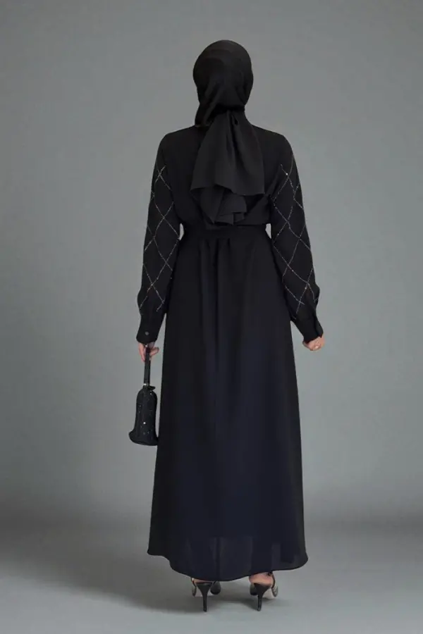 Taş İşlemeli Kuşaklı Elbise 3830 Siyah - 5