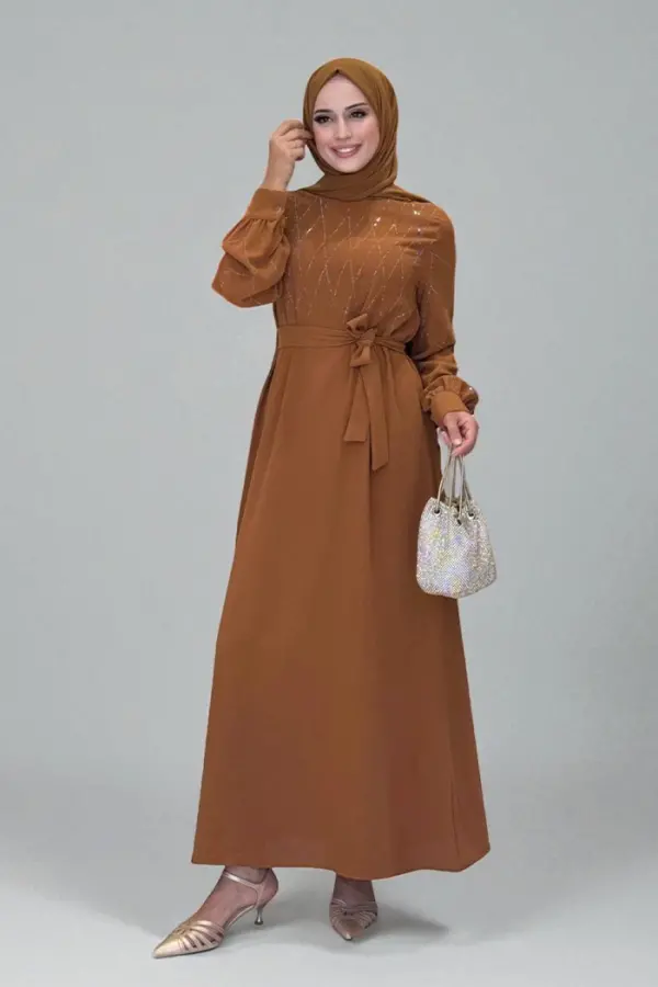 Taş İşlemeli Kuşaklı Elbise 3830 Taba - 1
