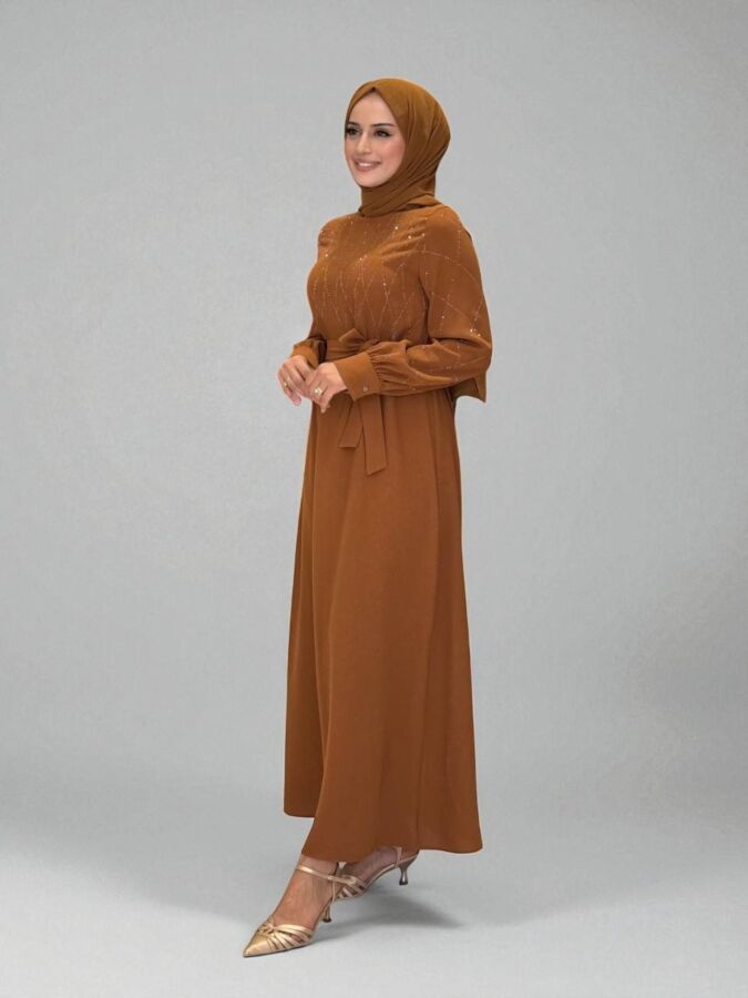 Taş İşlemeli Kuşaklı Elbise 3830 Taba - 2