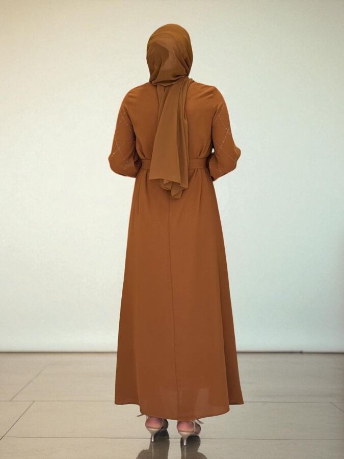 Taş İşlemeli Kuşaklı Elbise 3830 Taba - 3