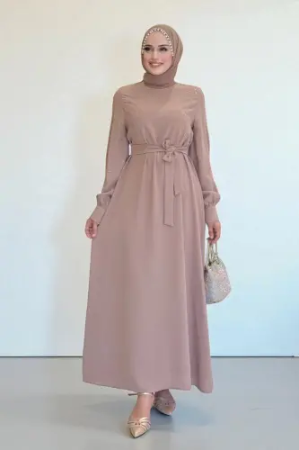 Taş İşlemeli Kuşaklı Elbise 3830 Vizon - Bym Fashion (1)