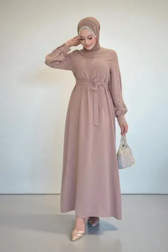 Taş İşlemeli Kuşaklı Elbise 3830 Vizon - 1