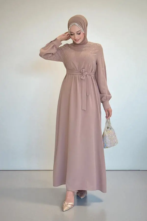 Taş İşlemeli Kuşaklı Elbise 3830 Vizon - 1