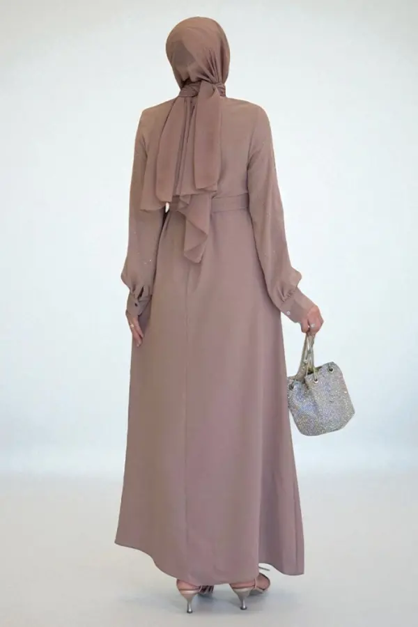 Taş İşlemeli Kuşaklı Elbise 3830 Vizon - 3