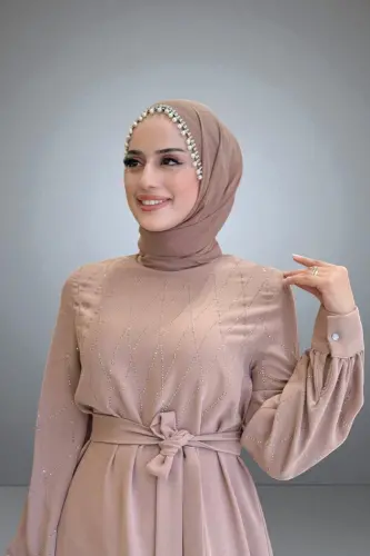 Taş İşlemeli Kuşaklı Elbise 3830 Vizon - 4