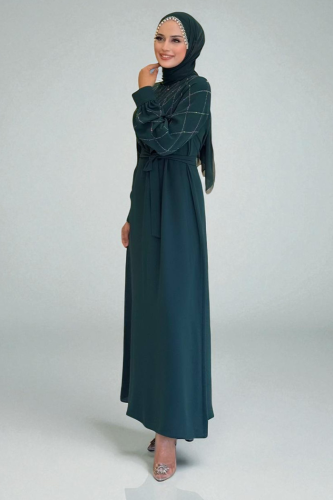 Taş İşlemeli Kuşaklı Elbise 3830 Zümrüt - Bym Fashion (1)
