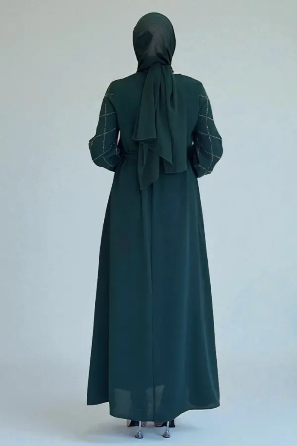 Taş İşlemeli Kuşaklı Elbise 3830 Zümrüt - 3
