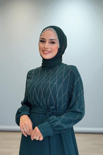 Taş İşlemeli Kuşaklı Elbise 3830 Zümrüt - 4