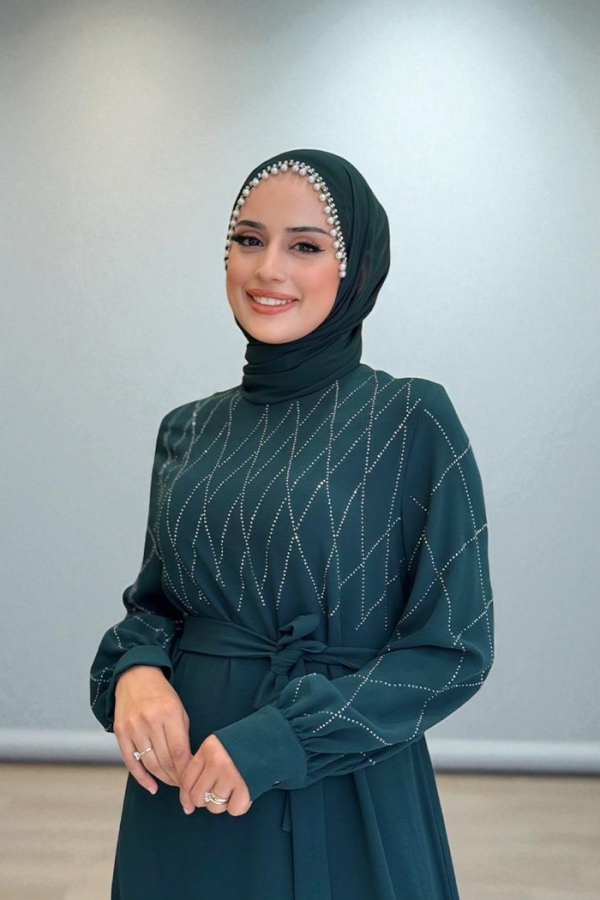 Taş İşlemeli Kuşaklı Elbise 3830 Zümrüt - 4
