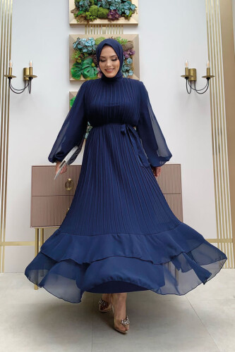 Pleated Layered Detailed Lined Dress 3836 Navy Blue - Bym Fashion