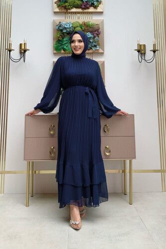 Pleated Layered Detailed Lined Dress 3836 Navy Blue - Bym Fashion (1)