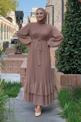 Pleated Layered Detailed Lined Dress 3836 Mink - Bym Fashion