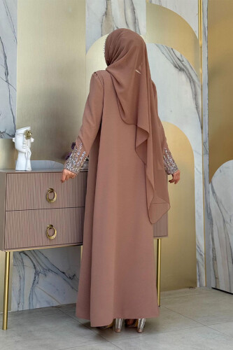 Büyük Beden Taş İşleme Detaylı Yelekli Elbise Takım 3838-1 Vizon - Bym Fashion (1)