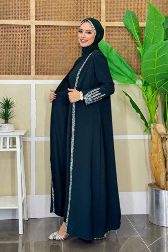 Büyük Beden Taş İşleme Detaylı Yelekli Elbise Takım 3838-1 Zümrüt - Bym Fashion (1)