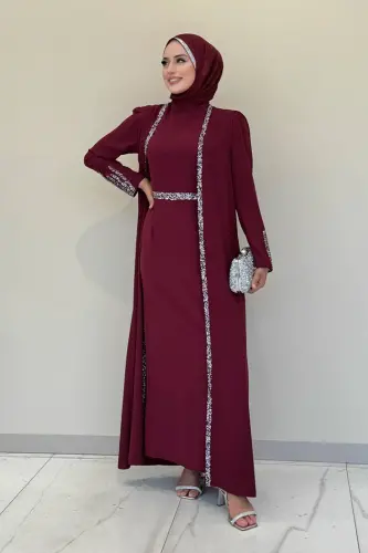 Taş İşleme Detaylı Yelekli Elbise Takım 3838 Bordo - 1