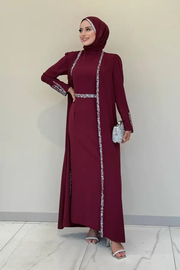 Taş İşleme Detaylı Yelekli Elbise Takım 3838 Bordo - 1