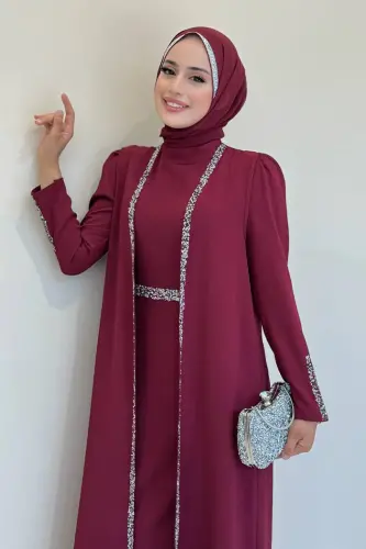 Taş İşleme Detaylı Yelekli Elbise Takım 3838 Bordo - 2