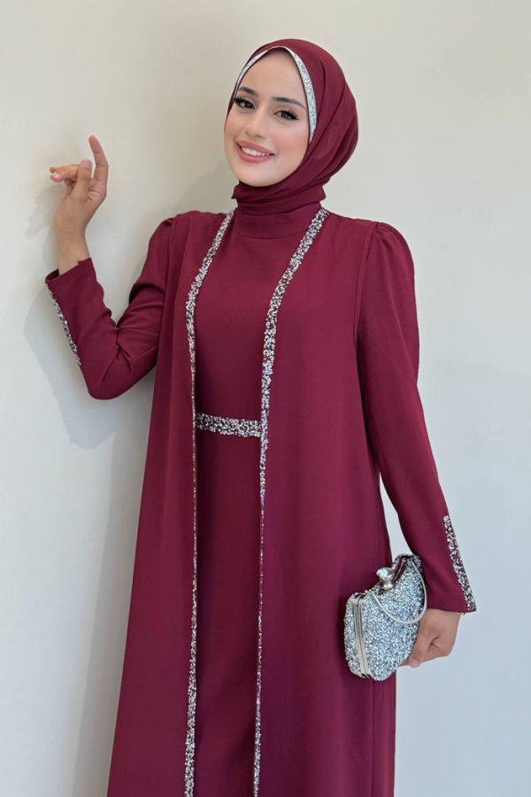 Taş İşleme Detaylı Yelekli Elbise Takım 3838 Bordo - 6