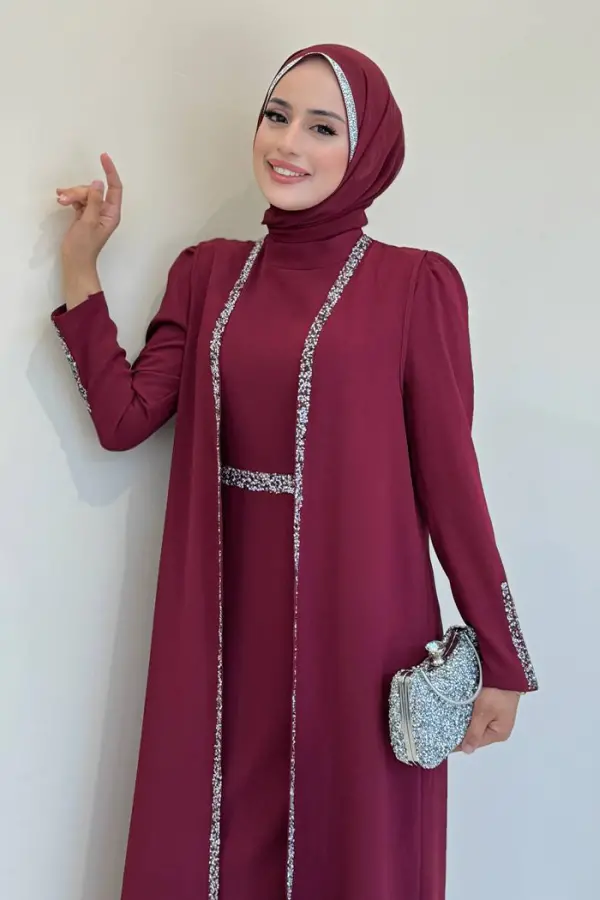 Taş İşleme Detaylı Yelekli Elbise Takım 3838 Bordo - 2
