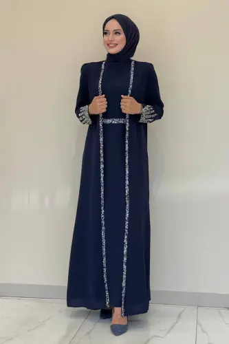 Taş İşleme Detaylı Yelekli Elbise Takım 3838 Lacivert - Bym Fashion (1)